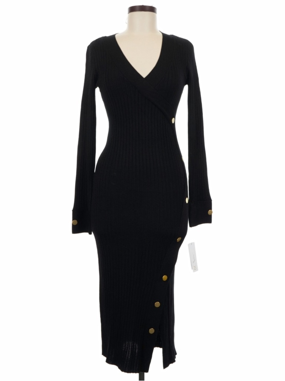 BCX Dress Black Ribbed Sweater Midi Dress Gold Button Detail Size M NWT